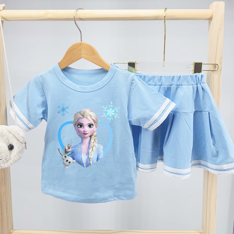 Bộ Áo Thun Tay Ngắn In Hình Công Chúa Elsa Anna Năm 2021 + Chân Váy Xếp Ly Cho Bé Gái (2-8 Tuổi)