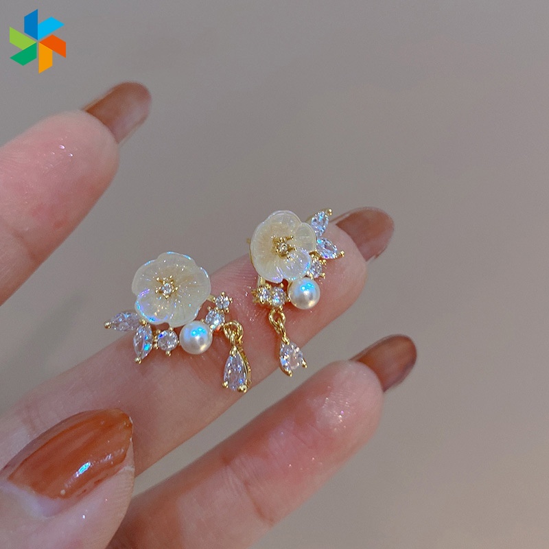 Khuyên Tai Hình Hoa Mộc Lan Đính Đá zircon Siêu Nhẹ Đơn Giản Sang Trọng Phong Cách Pháp JP6