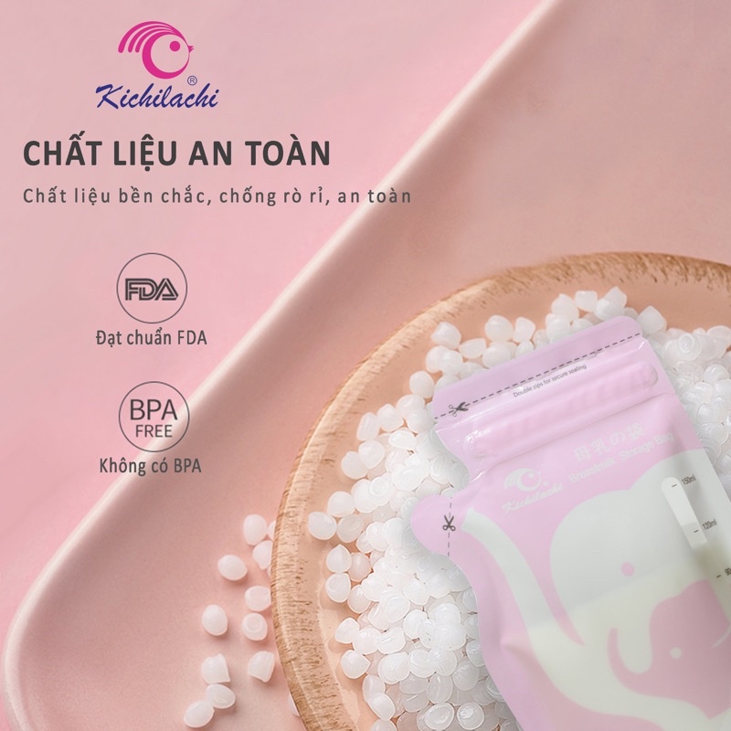 Túi Trữ Sữa Kichilachi 150ml- Cảm Biến Nhiệt Độ, Có Khóa Zip Chắc Chắn Chống Rò Rỉ