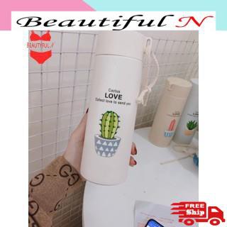 Bình Giữ Nhiệt Xương Rồng 450ml Lõi Thủy Tinh Bọc Và Nhựa Lúa Mạch Có Dây Sách Tiện Dụng