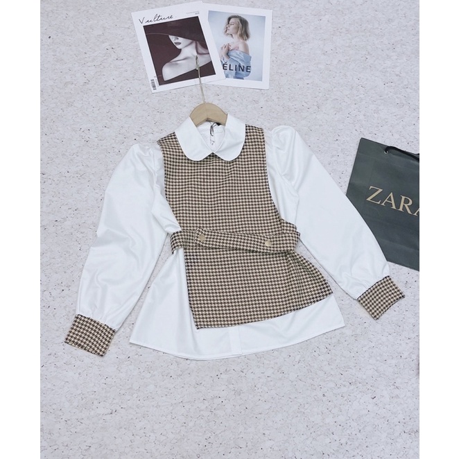 ÁO SƠ MI PHỐI DẠ NÂU ĐAI EO CÚC ĐỒNG | BigBuy360 - bigbuy360.vn