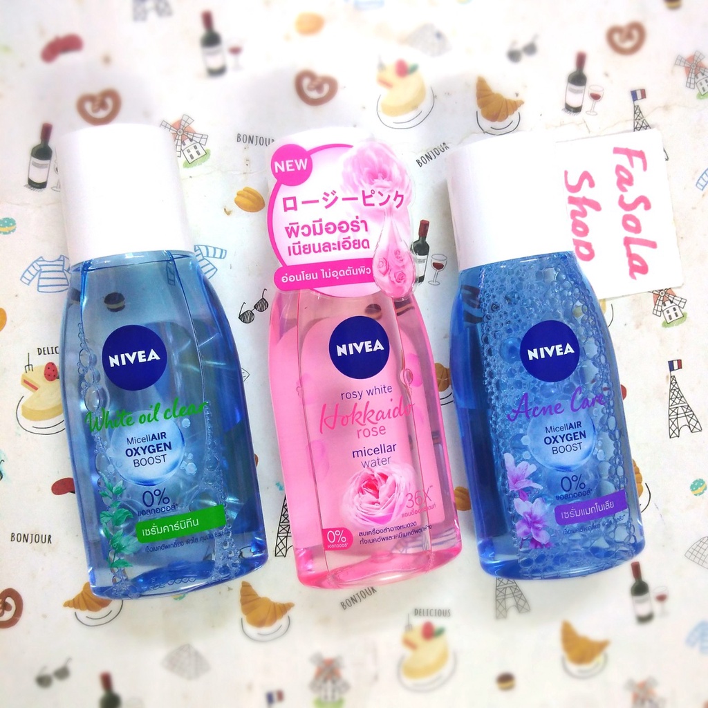 Dung dịch tẩy trang NIVEA Thái Lan 125ml Micellair Oxygen Boost Water da mụn trắng sáng hoa hồng hokkaido không cồn mặt