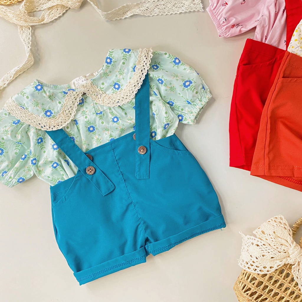 Set quần yếm kèm áo cổ sen tay ngắn cho bé gái 1 2 3 4 tuổi MINTSCLOSET Mint's Closet - YE5021