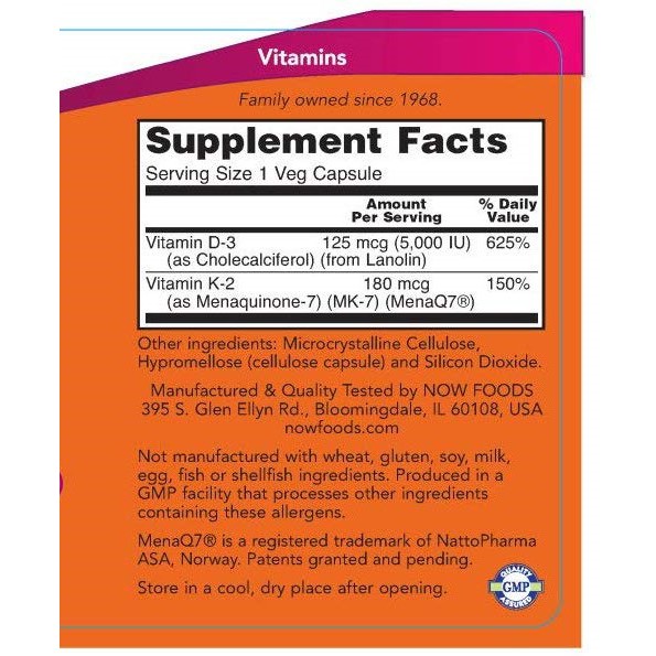 Thực Phẩm Bổ Sung NOW Vitamine D-3 & K-7 mega, 60 viên - Hỗ Trợ Sức Khỏe Toàn Diện