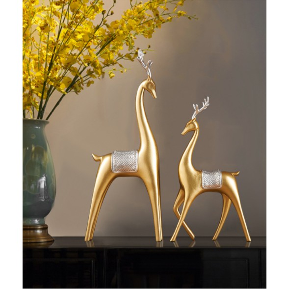 Tượng hươu vàng sang trọng trưng bày hoặc quà tặng ý nghĩa- 1 set 2 tượng lớn nhỏ trang trí nội thất-cao 27cm-35cm