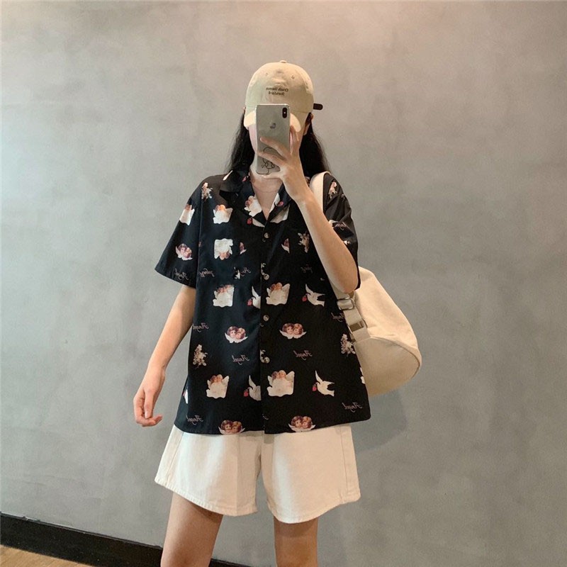 LEEVA - Áo sơ mi họa tiết Angel mùa hè thoáng mát: Angel đen