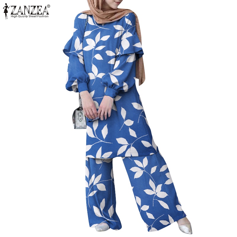 Zanzea Bộ Đồ Hồi Giáo Dáng Thẳng / Xếp Nếp Tay Phồng In Họa Tiết Lá Cây Có Nút