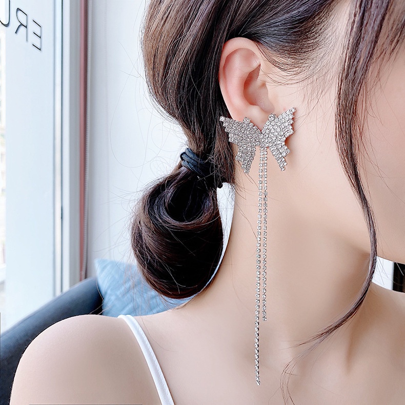 Bông Tai Dáng Dài Phối Tua Rua Hình Bướm Đính Đá Phong Cách Hàn Quốc Sang Trọng Thời Trang