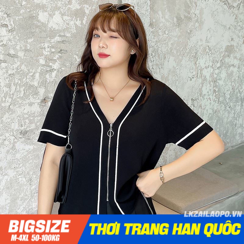 Áo thun Bigsize Áo kiểu nữ tay ngắn cổ chữ v thiết kế khoá kéo mùa hè Phong cách Hàn Quốc Thời Trang tiểu thư cá tính xinh đẹp cho người mập béo