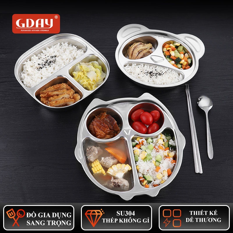 Đĩa chia cơm cho bé, inox 304 cấp thực phẩm an toàn vệ sinh, GDAY, sâu lòng - LOKING