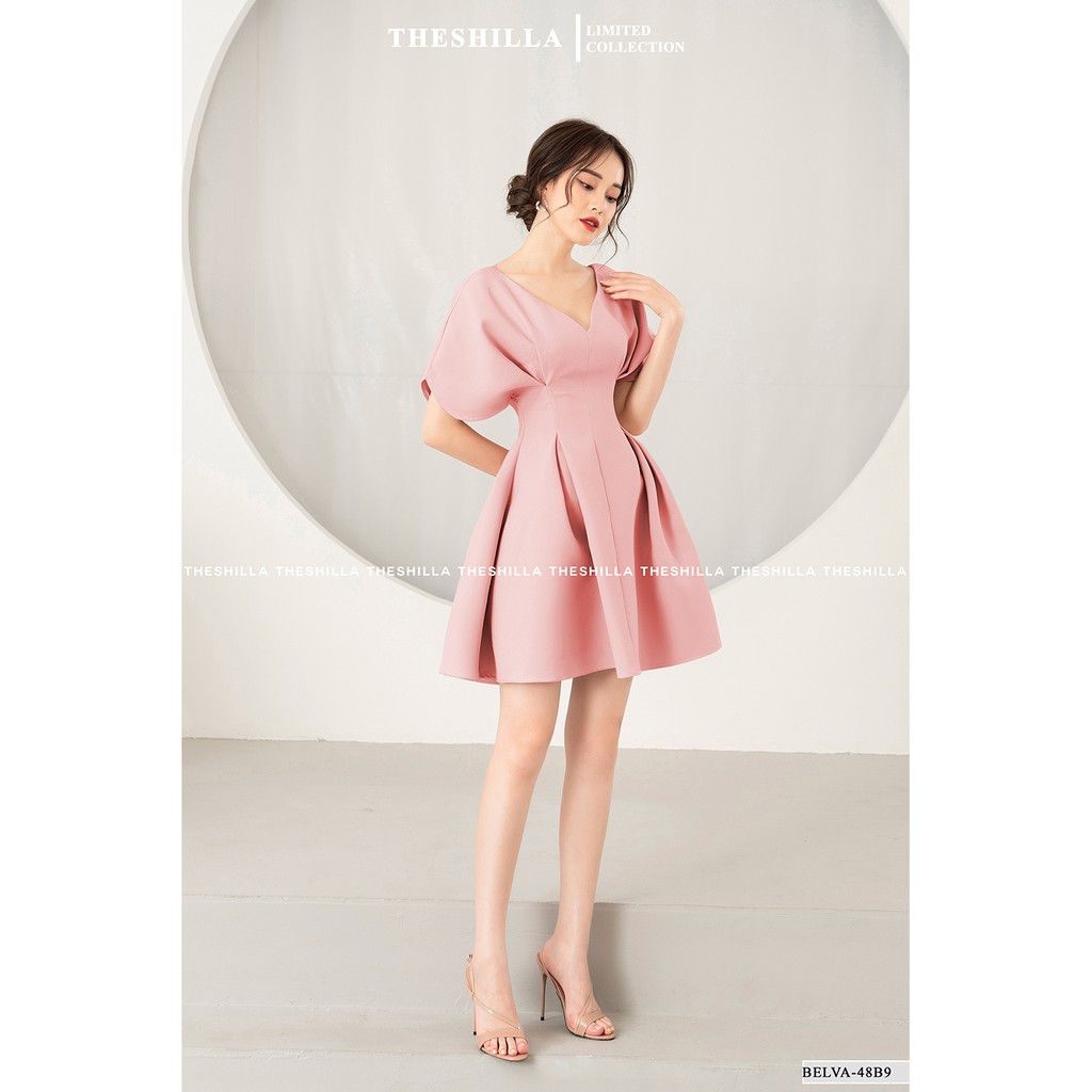 Váy thiết kế cao cấp màu hồng cổ V cánh dơi chiết eo [ Có video + Ảnh thật ] The Shilla - Belva-48B9 | BigBuy360 - bigbuy360.vn