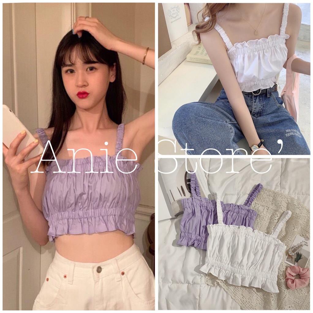 Áo Croptop 2 Dây Bánh Bèo, Áo Dây Thun Nữ Viền Bèo 2 Màu Chất Đũi