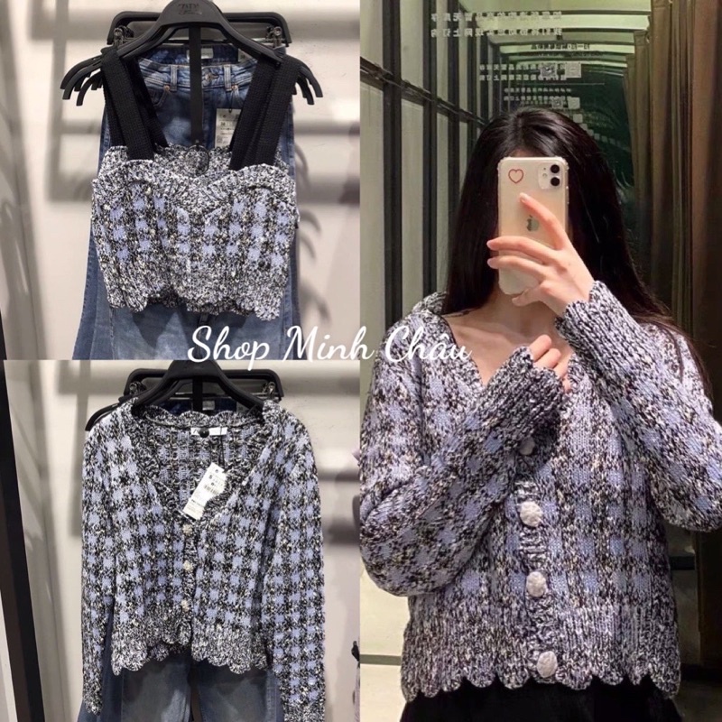 (Nguyên set) Set áo len kẻ xanh đính đá Zarraaa