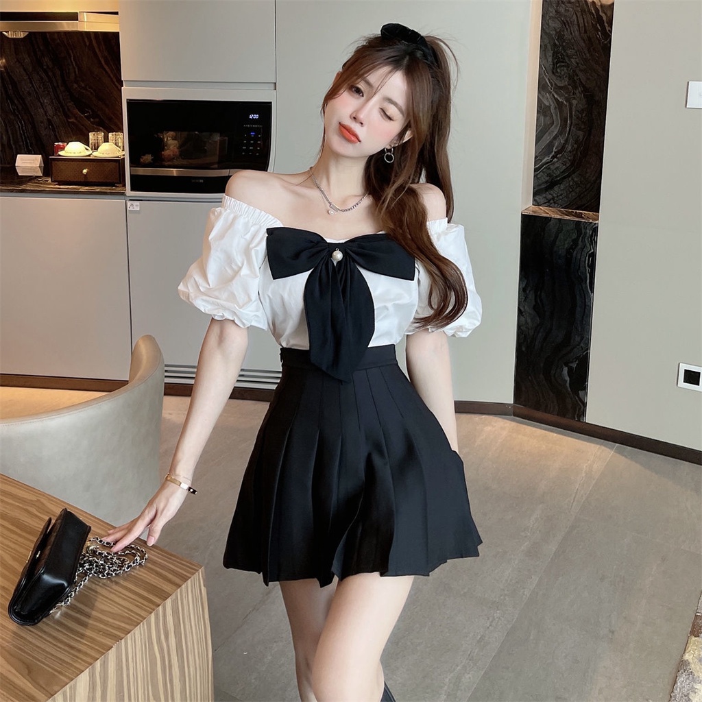 Bộ Áo Sơ Mi Ngắn Tay Đính Nơ + Chân Váy Xếp Ly Lưng Cao Thời Trang OOP023