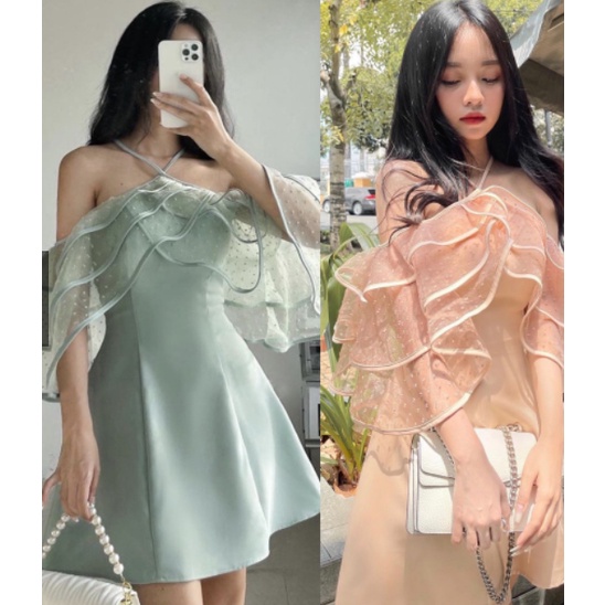 Đầm cổ yếm nữ trắng phối bèo trễ vai cổ yếm mặc dự tiệc dạo phố cực dễ thương