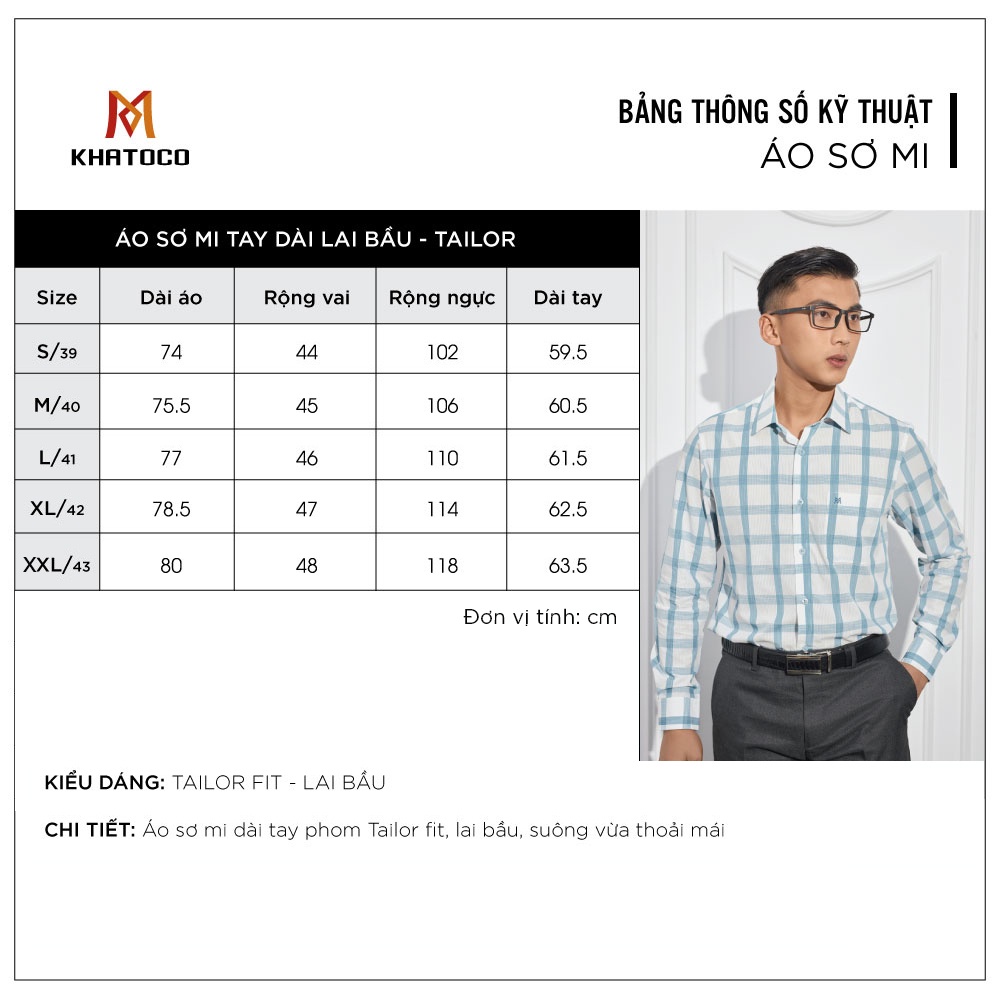 Áo sơ mi nam tay dài Khatoco caro trắng xanh mã A1MD468T1-CNCR244-2307-D
