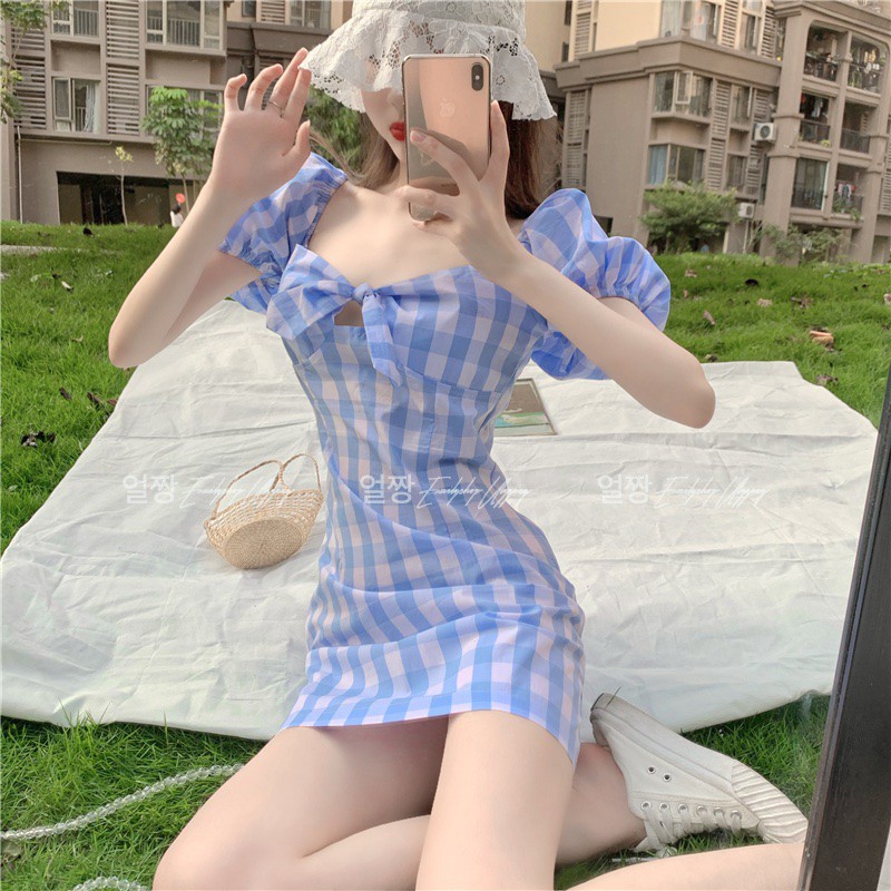 Đầm nữ sơ mi caro midi dáng ôm tay ngắn Emilyshop