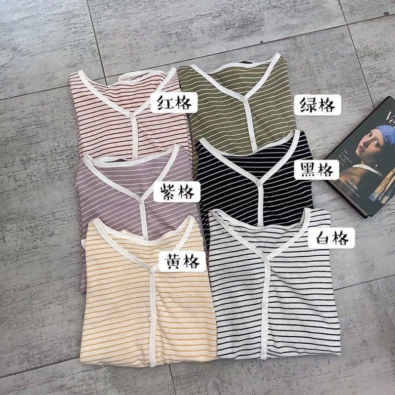 áo thun viền kẻ ngang đóng cúc Ulzzang style