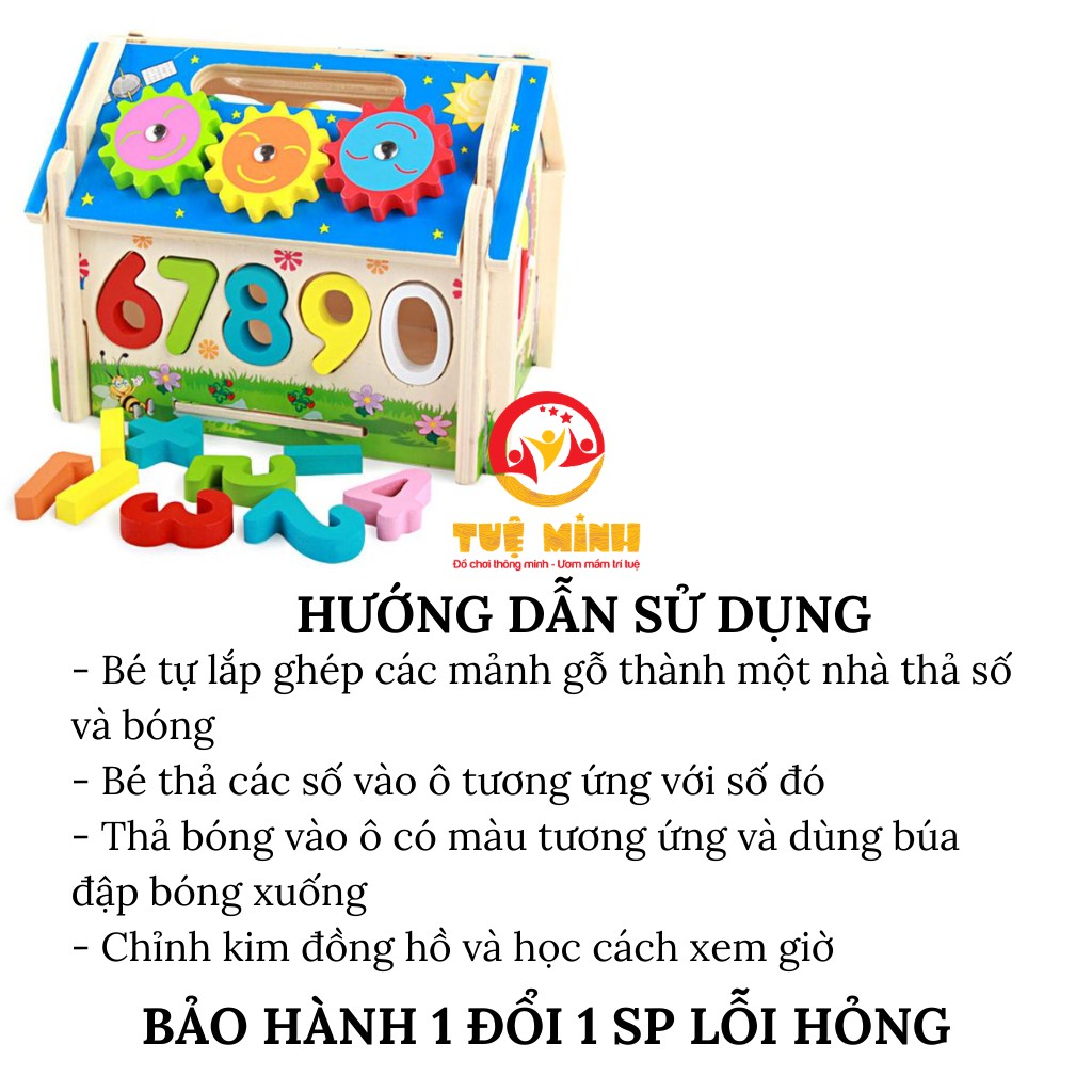 Nhà Thả Số Đập Bóng Gỗ 3 Trong 1 Cho Bé Học Con Số Màu Sắc Và Cách Xem Giờ