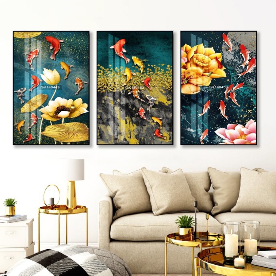 Tranh gỗ tráng gương phong thủy Thế giới quà tặng, chủ để cửu ngư quần hội tặng mừng tân gia hoặc khai trương