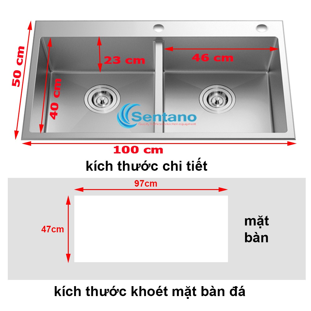 [SIZE LỚN] Bồn chậu rửa chén đúc SENTANO PLUS 100x50 cm 100% inox 304 hàng loại 1 có 2 ngăn lớn đều nhau