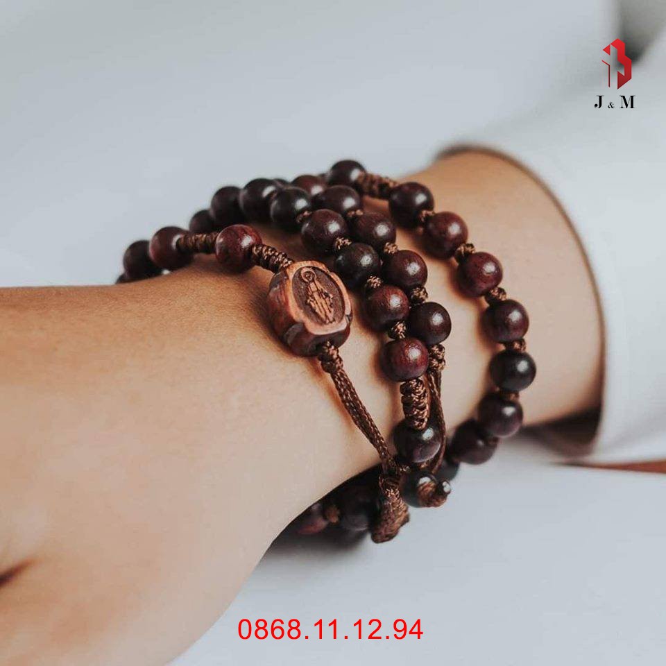 Chuỗi Mân côi đeo cổ 50 hạt gỗ Cẩm lai quấn 3 vòng