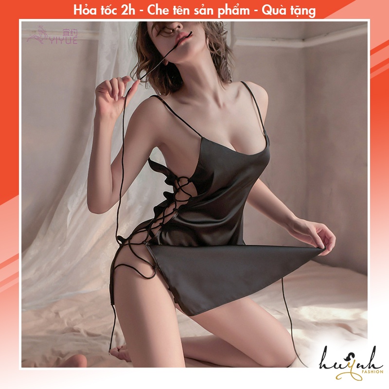 Váy Ngủ Lụa Hai Dây Hở Sườn Kiểu Tà Trước Sau Dây Đan Hông Gợi Cảm - N56
