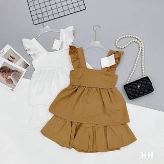 [Có bán rời] Set áo babydoll cánh tiên kèm quần short giả váy vải đũi mát