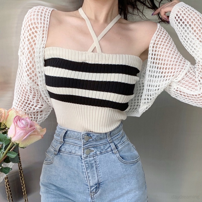 Áo Hai Dây Dệt Kim Dáng Ôm Kẻ Sọc Hở Lưng Thời Trang Quyến Rũ Cho Nữ