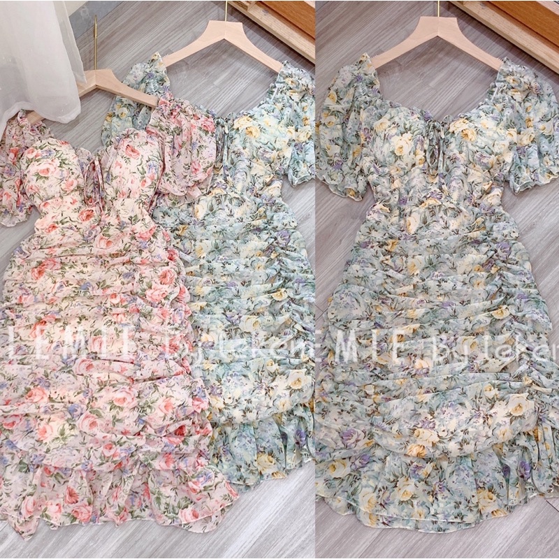 Váy Tơ Hoa Cổ Vuông Cúp Ngực Nhún Đuôi Cá Tiểu Thư Siêu Xinh , Đầm Hoa Mùa Hè V032