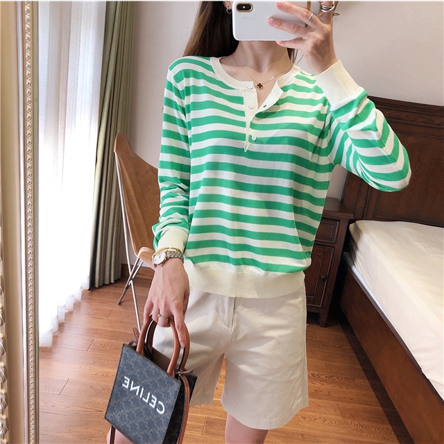 【ZHELIHANGFEI】Áo Len Tay Dài Form Rộng Họa Tiết Kẻ Sọc Hợp Thời Trang Dễ Phối Đồ