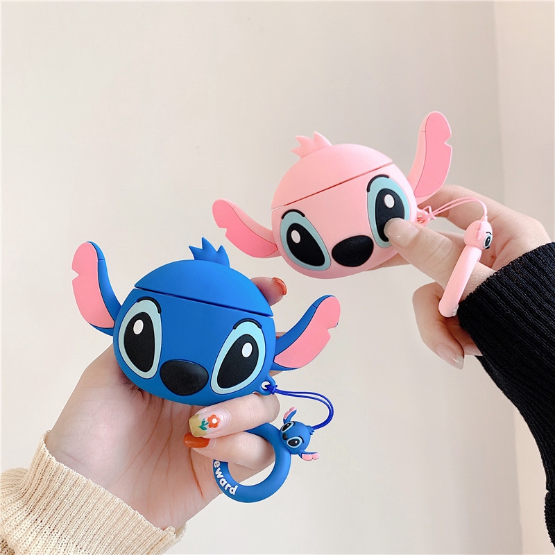 Lilyrose Store/ 3D Cartoon Cute Stitch Couple Lover AirPods 1/2 AirPods Pro Bluetooth Headset Anti-fall Silicone Soft Case Headset Protection Cover With Lanyard