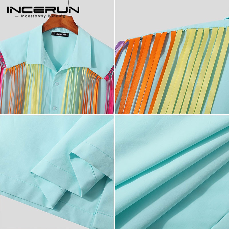 Áo sơ mi INCERUN ngắn tay tua rua nhiều màu thời trang cho nam