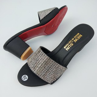 Dép gót vuông 5p quai ngang đính xoàn- hình thật