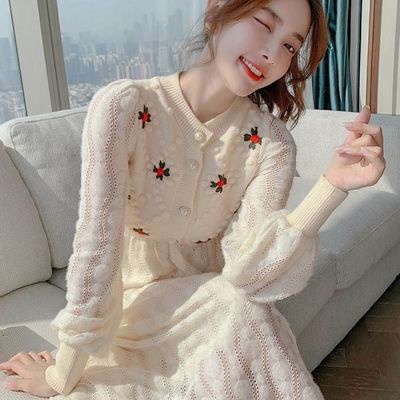 Đầm dệt kim nữ 2021 mới gió nhẹ nhàng trên đầu gối dài tuổi tính khí mỏng thêu áo len mùa thu