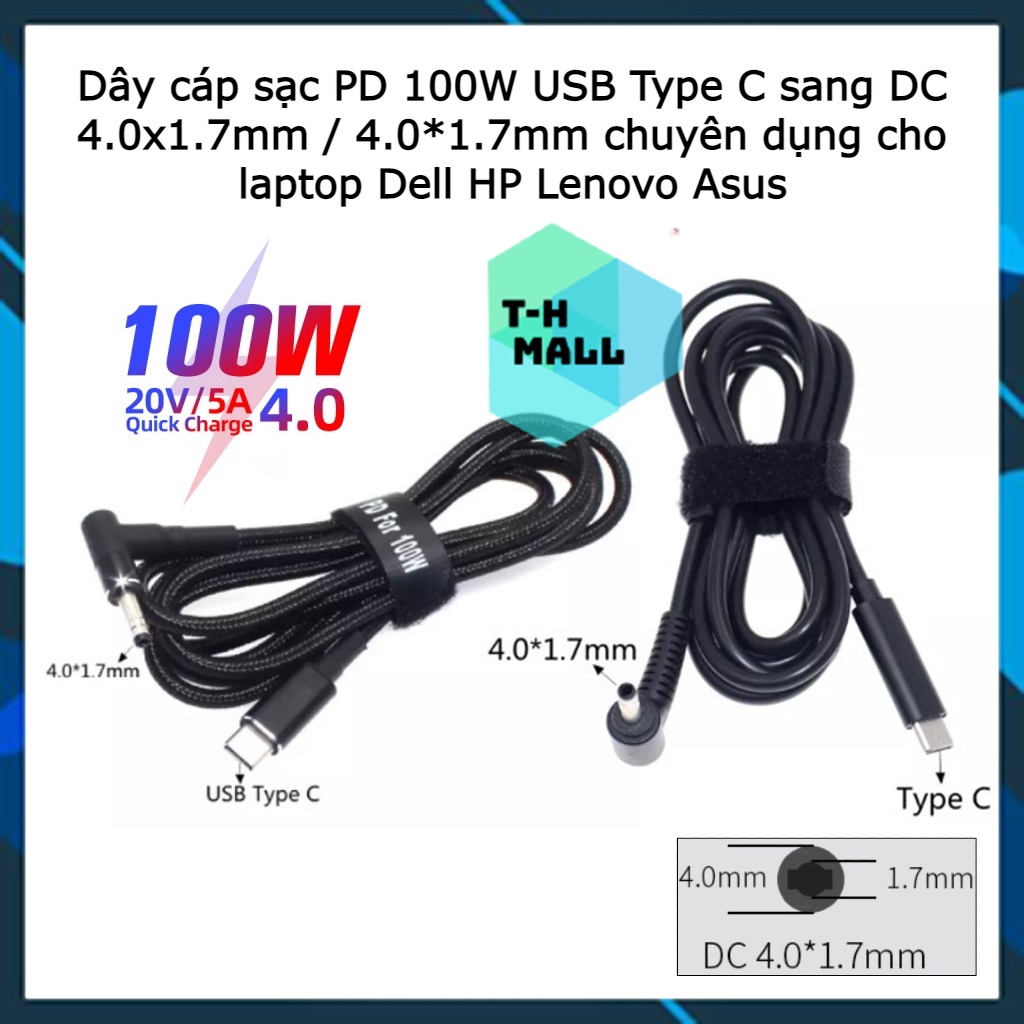 Dây cáp sạc PD 100W USB Type C sang DC 4.0x1.7mm / 4.0*1.7mm bọc dù chuyên dụng cho laptop Dell HP Lenovo Asus