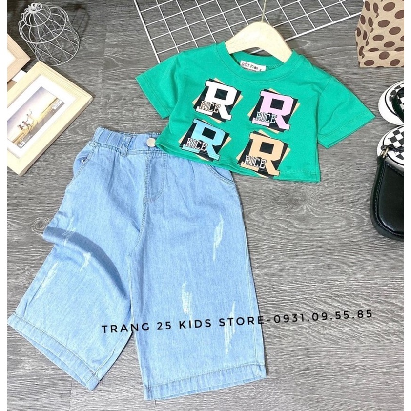 Bộ Áo Thun Quần Jean ống rộng bé gái , Áo Croptop Quần Jean Co Giãn , Trang 25 Kids - As19