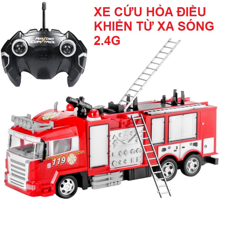 Ô tô cứu hỏa điều khiển từ xa sóng 2.4G kèm pin và củ sạc, phun được nước thật