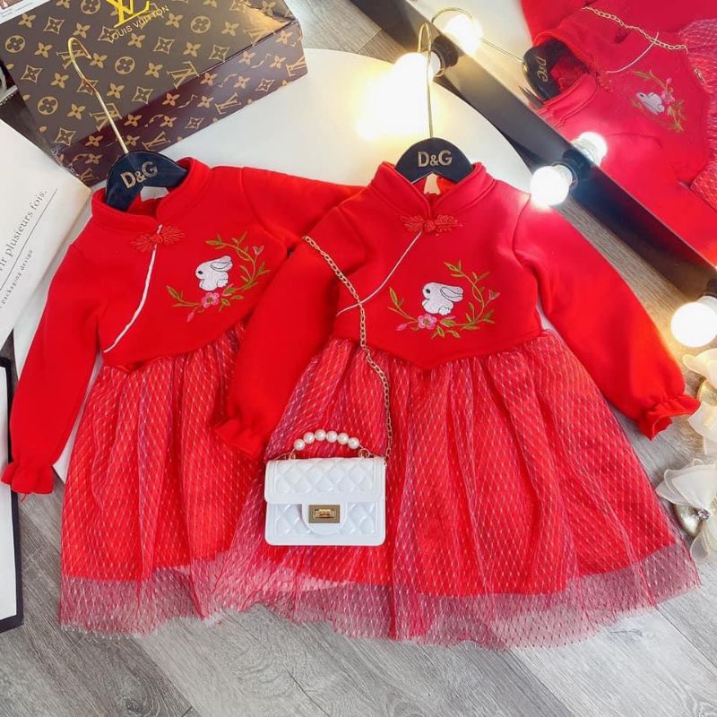 [Xả hàng] Áo dài cách tân mặc Tết cho bé gái, váy đỏ nỉ bông mặc Tết đám cưới sinh nhật cho bé, váy sườn xám
