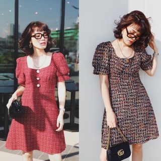 Đầm dạ tweed cổ vuông