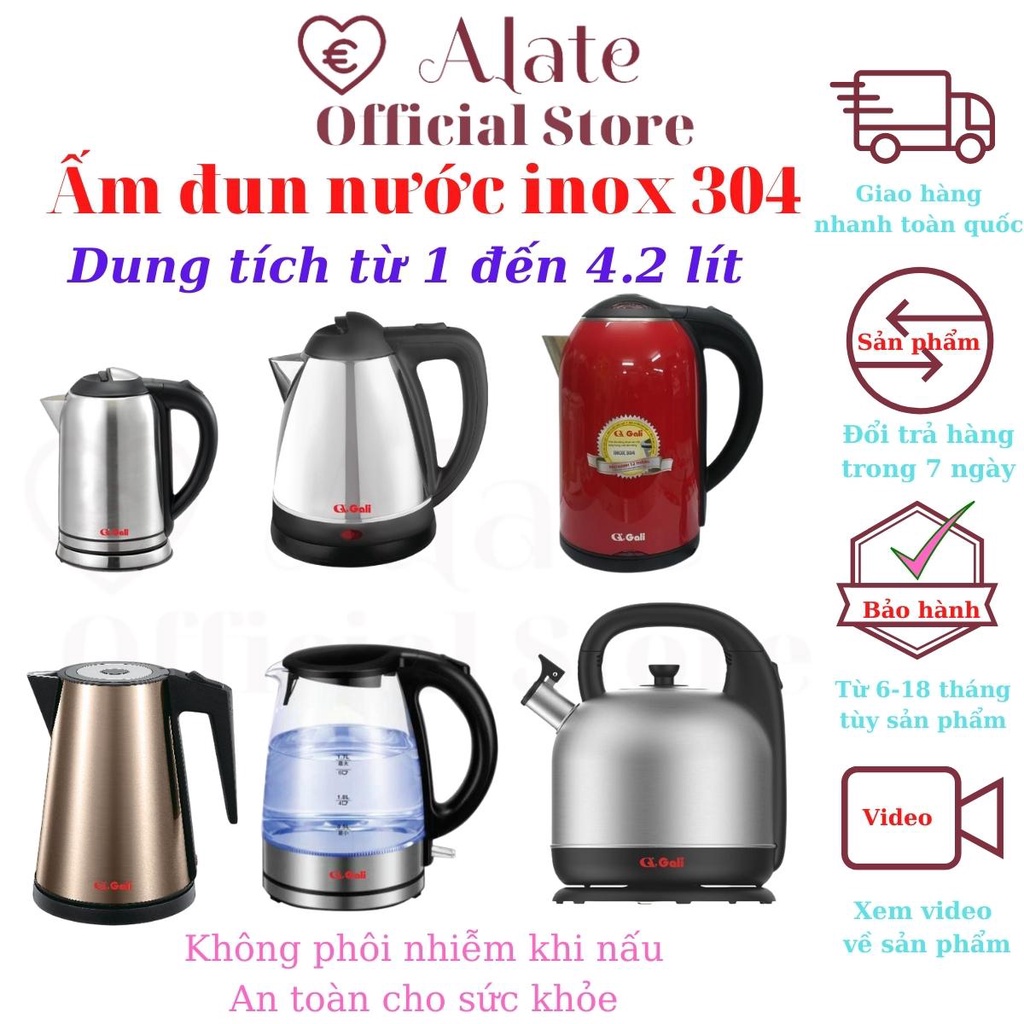 Ấm đun siêu tốc Gali 1,7 lít 1800w thân 2 lớp ngoài nhựa trong inox 304 bảo hành 18 tháng Alate store
