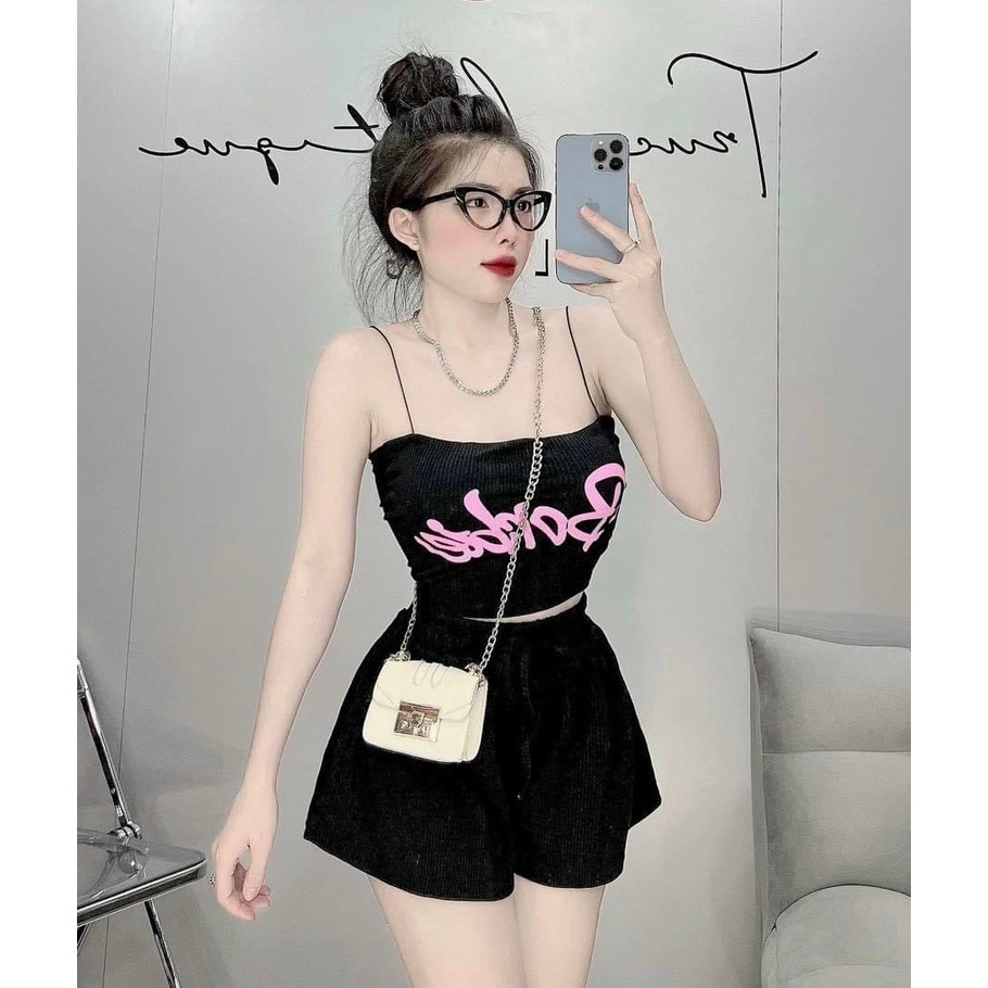 Set bộ mặc nhà áo 2 dây chữ babie quần đùi xoè thun gân mềm