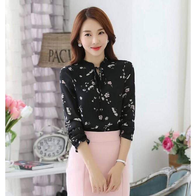Áo chiffon tay dài họa tiết hoa thanh lịch cho nữ