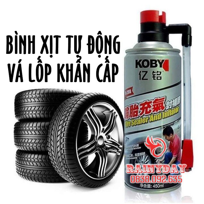 Bình chai bơm keo tự vá vỏ lốp bánh xe máy ô tô Koby 450ml khẩn cấp có và không săm thông minh