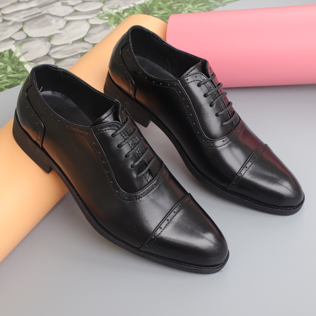 Giày tây da bò cao cấp, giày nam buộc dây da bò đẹp màu đen - HT.NeO3336