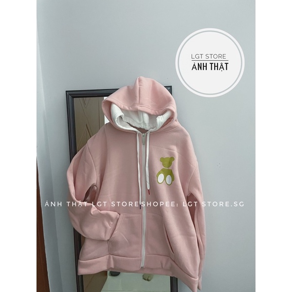 Áo khoác hoodie form rộng, Áo khoác chống nắng in hai mặt Gấu
