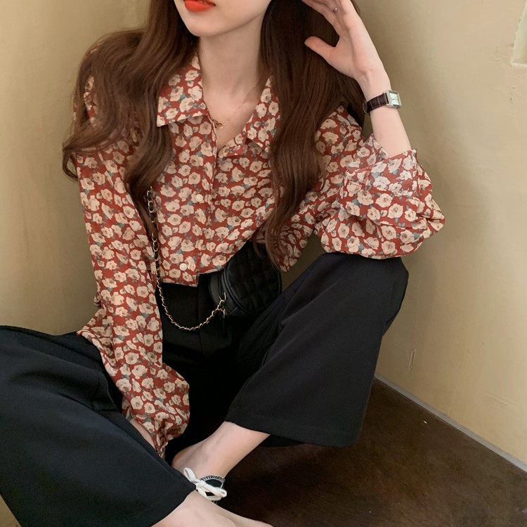 [Ảnh Thật] Áo Sơ Mi Nữ, Áo Sơ Mi Hoa Nhí Đỏ Vintage Phong cách Hàn Quốc Cao Cấp DMee