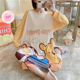 Váy ngủ dài tay form bigsize TOZZO  dáng suông in hoạt hình cute dễ thương mặc ở nhà mùa thu chất liệu cotton VD02
