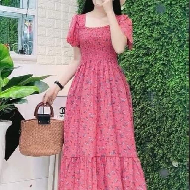 Đầm hoa nhí nhún ngực (xanh và hồng)