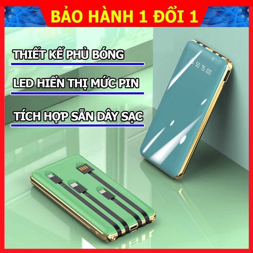 Pin sạc dự phòng 10000 mah, sạc dự phòng đa năng 5 trong 1 tích hợp sẵn dây sạc cho Iphone, Samsung và Typ-c